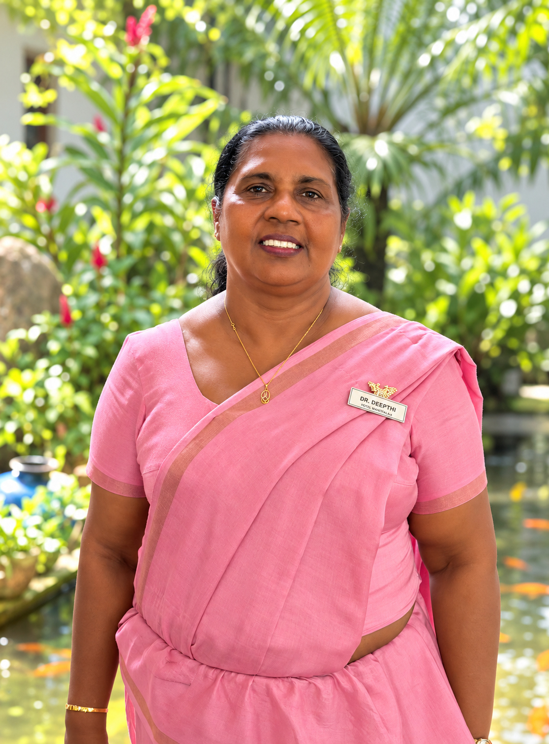 Die Ayurveda-Ärztin Dr. Deepthi steht lächelnd im Shakti Villa Ayurveda-Resort. Dr. Deepthi absolvierte ihr Ayurveda-Studium an der Universität Colombo und verfügt über ein über 30-jährige Berufserfahrung. Seit einigen Jahren ist sie Chef-Ärztin in der Sh